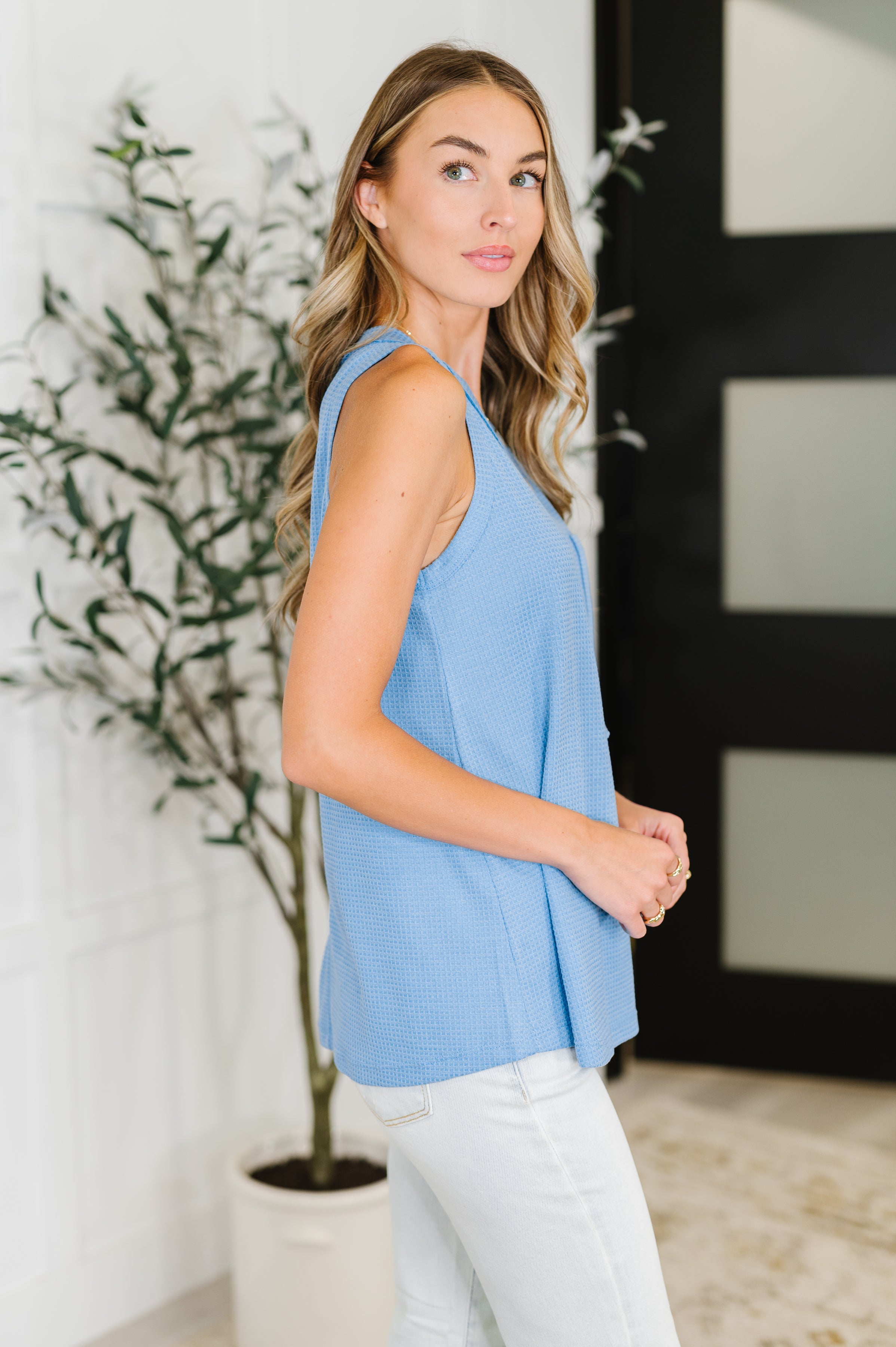 Buttoned Up Buttercup Sleeveless Top in Ocean Blue