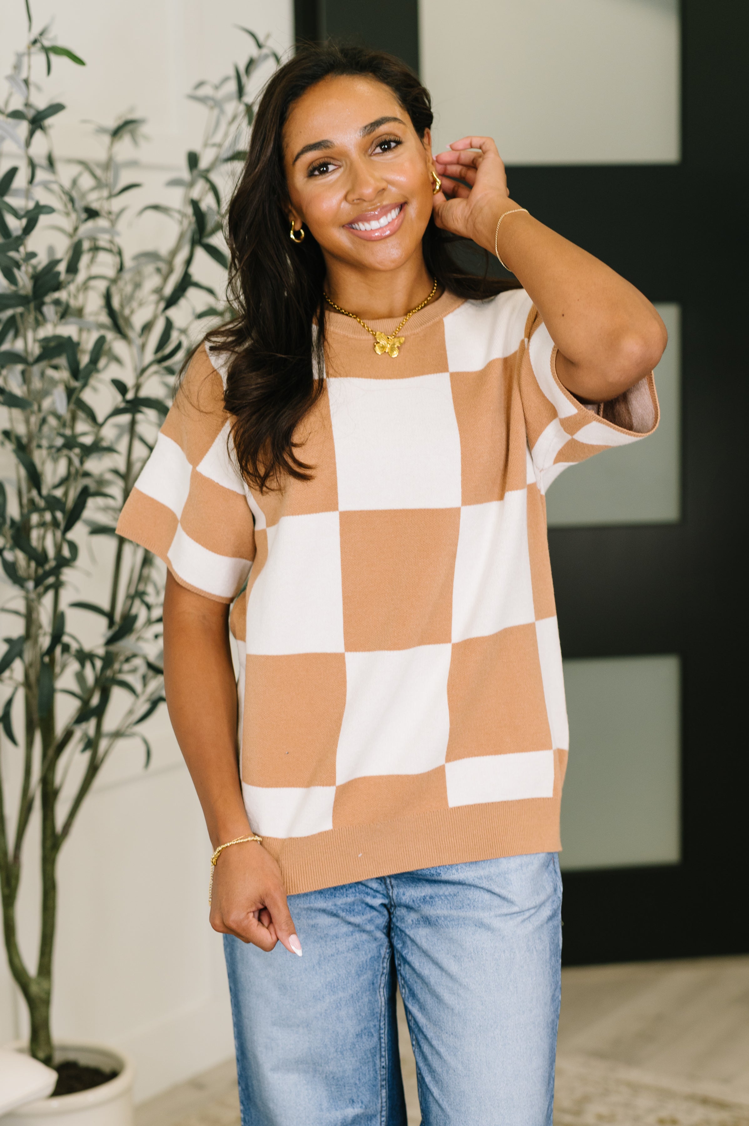 Cafe Check Relaxed Fit Sweater
