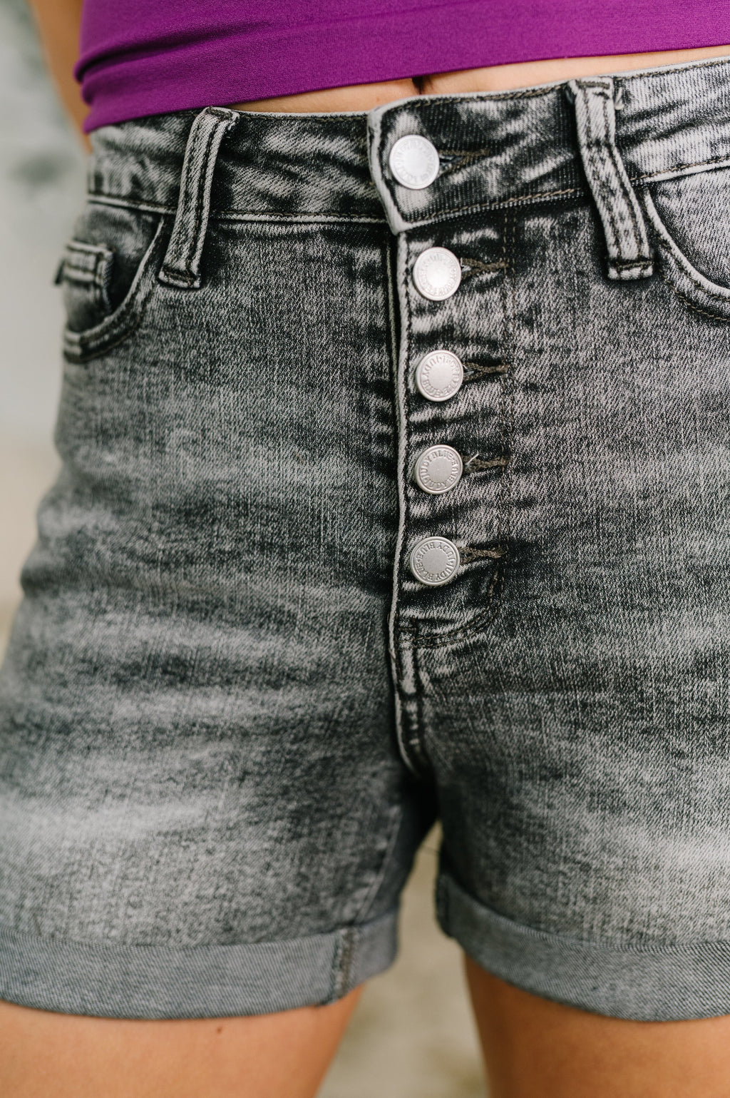 Greyson High Rise Button Fly Cuffed Shorts in Grey