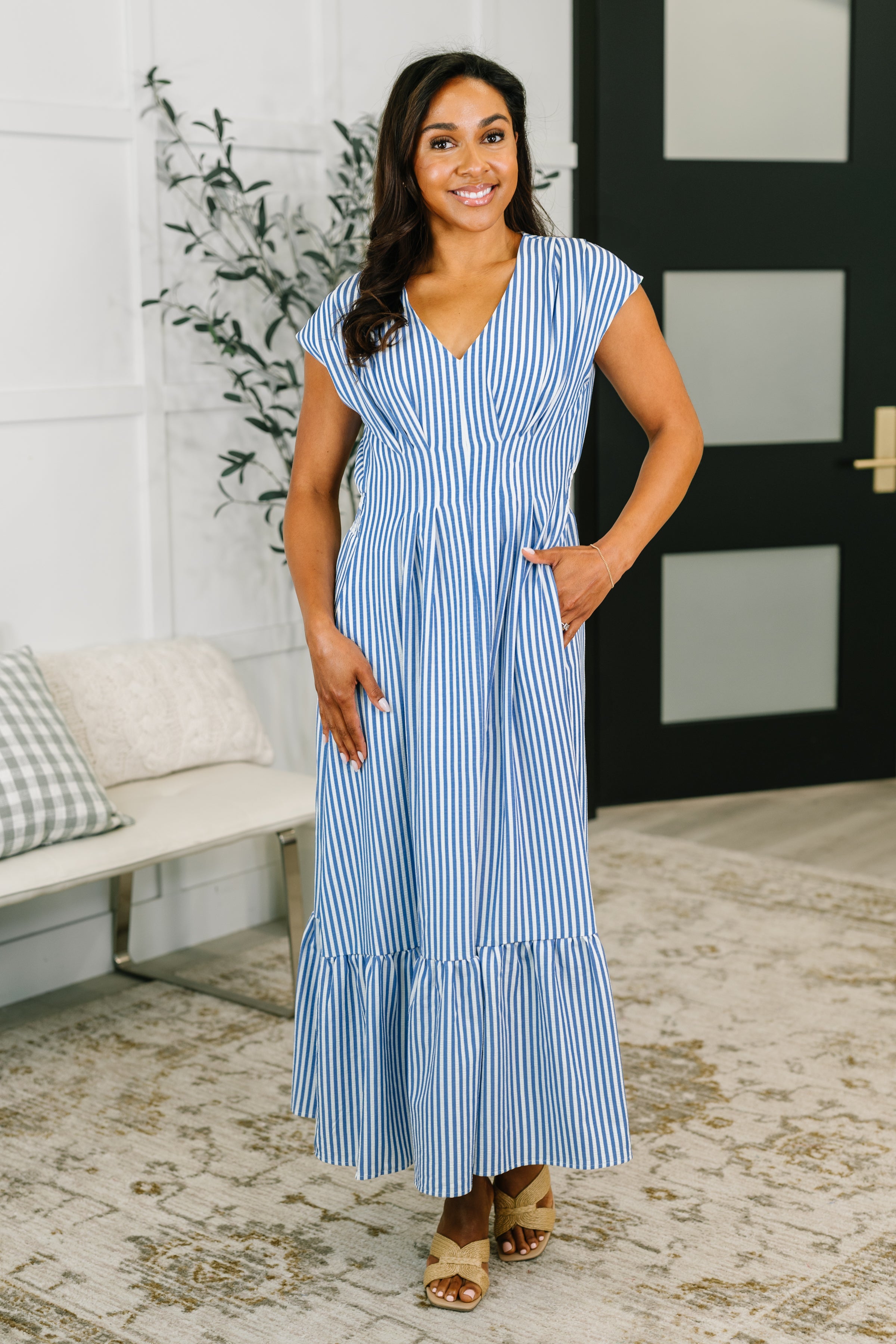 Only Chance Pleated Smock Waist Maxi Dress in Blue