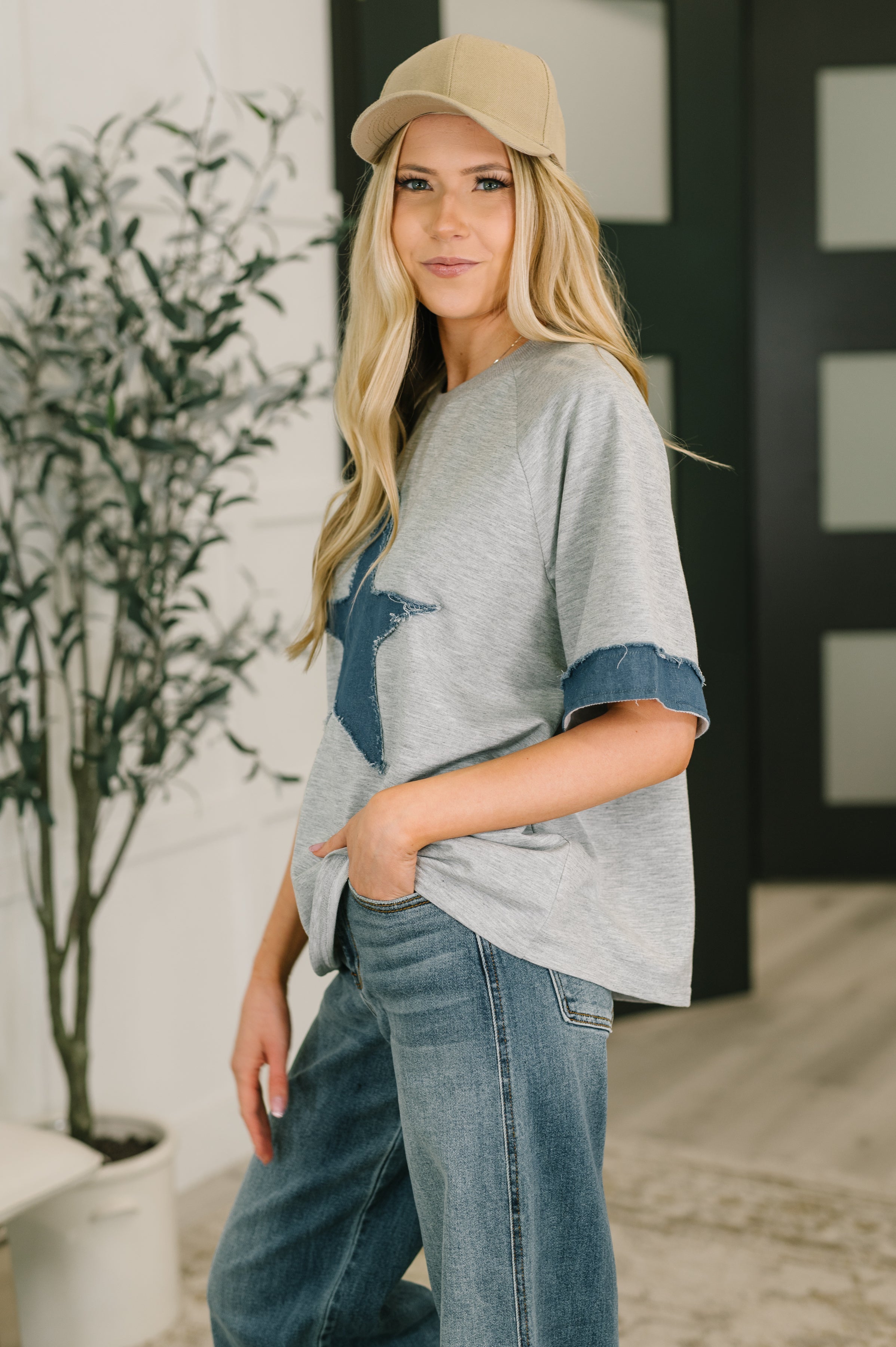 Star Stud Distressed Applique Top